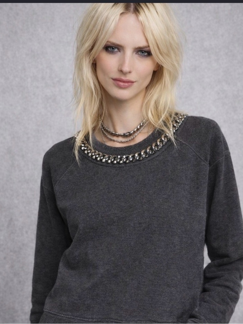 All Saints Washed Charcoal Chain-Trim Crewneck Sweater